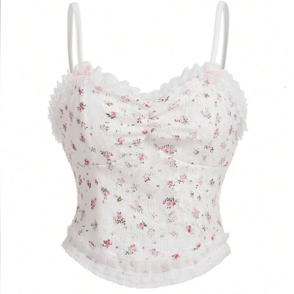White Floral Ruffle Cami Top